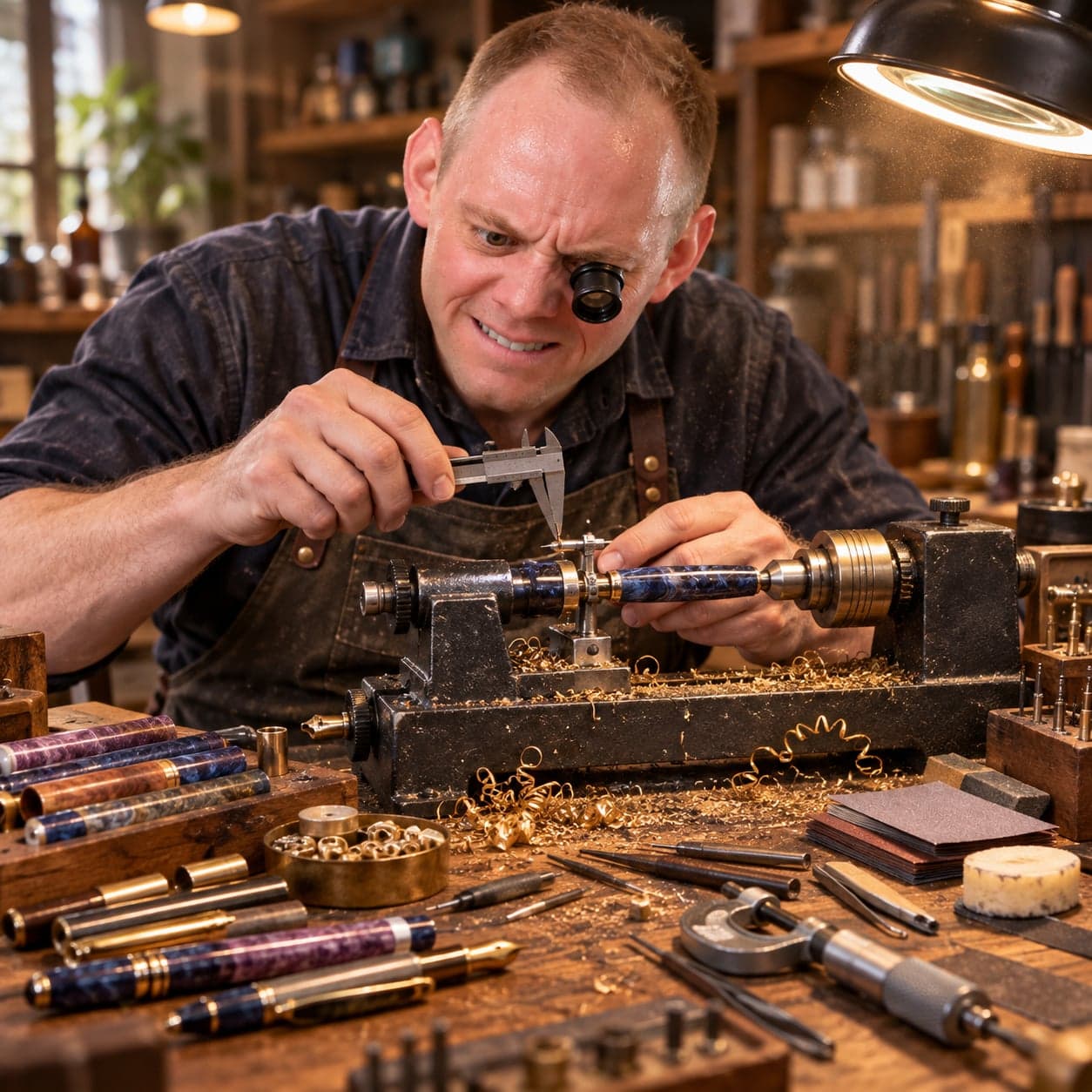 Jason Morrow at the lathe with a loupe in his eye, measuring a blue resin barrel with calipers, finished pens and brass shavings across the bench